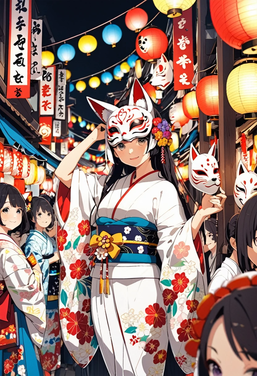 Japan Kawagoe Summer festival Bon dance scaffold Cool down Japan風 Lantern Fox Mask The girl in the white kimono is in the center of the image.