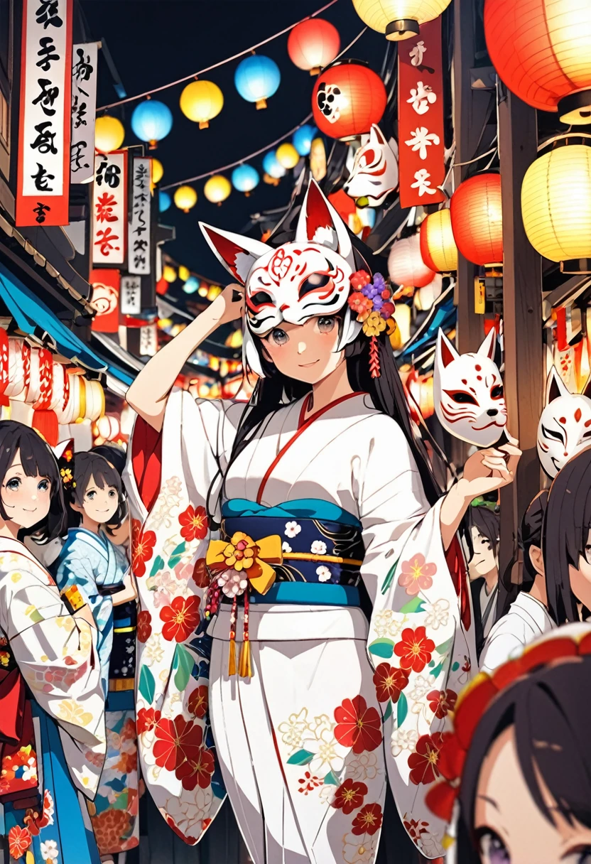 Japan Kawagoe Summer festival Bon dance scaffold Cool down Japan風 Lantern Fox Mask The girl in the white kimono is in the center of the image.