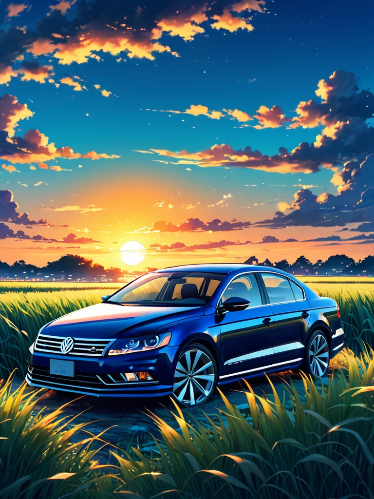 anime landscape of A pearl super dark sea blue classic Volkswagen Passat CC sport sits in a field of tall grass with a sunset in the background.beautiful anime scene, beautiful anime peace scene, Makoto Shinkai Cyril Rolando, beautiful anime scene, amazing wallpaper, anime art wallpaper 8k, anime background, artistic anime background, anime wallpaper 4k, anime art 4k wallpaper, anime wallpaper art 4k,