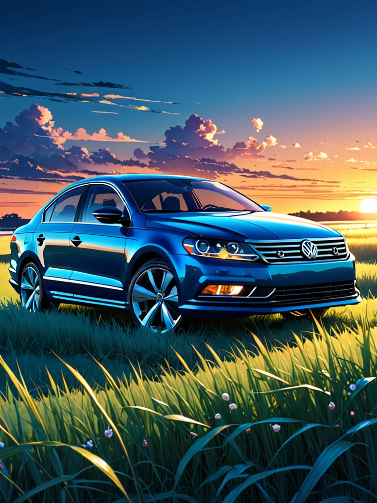 anime landscape of A pearl super dark sea blue classic Volkswagen Passat CC sport sits in a field of tall grass with a sunset in the background.beautiful anime scene, beautiful anime peace scene, Makoto Shinkai Cyril Rolando, beautiful anime scene, amazing wallpaper, anime art wallpaper 8k, anime background, artistic anime background, anime wallpaper 4k, anime art 4k wallpaper, anime wallpaper art 4k,