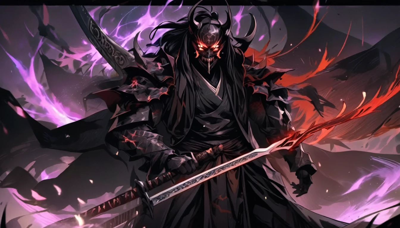 demon mask, sword on the hand,close up, black heavy detailed clothes, hand katana, art, dark and malevolent, hand sword, armor, powerful and intimidating, (masterpiece, best quality, ultra-detailed, best shadow), (detailed background, dark fantasy) dramatic light, intricate details, dark and malevolent, powerful and intimidating, Dark and foreboding, malevolent force, sinister and chilling, armor, high detailed background, girl in demon slayer art, demon slayer art style, epic anime art, God death