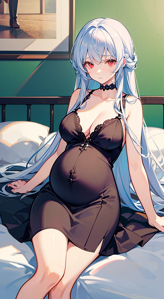 one pregnant anime girl with white hair and red eyes, chained and laying on a bed. Sad. breast feeding