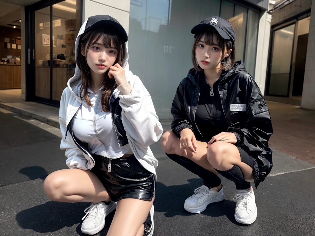 Masterpiece, 8K, award-winning photos, photorealistic, realistic, ultra detailed, ultra high definition, ray tracung, _ the most beautiful, Gravure quality for high-end fashion magazines, 22 years old ,(sexy,Japanese idol, gray hair, short hair),shiny skin , detailed skin , detailed face , perfect anatomy, 1girl～2girls,
_
BREAK (droopy eyes, Natural makeup:1.2),light color, crying a little, Harajuku style, huge breasts, 
_
glowing blue eyes, tan skin,
_
BREAK (black and White theme:1.4), (oversized and baggy black outerwear:1.3), (fusion of black windbreaker and White hoodie:1.4), (black Nylon:1.4), ((zipper, large pocket):1.3), BREAK (black and white :1.2), (black platform high-cut sneakers:1.2),(Black leather short pants),(baseball cap),
 Inorganic concrete studio with windows, highly detailed background, , ultra-realistic textures, dramatic lighting ,raw photo, _(dutch angle and curtsey ,on side:1.2), looking at viewer,