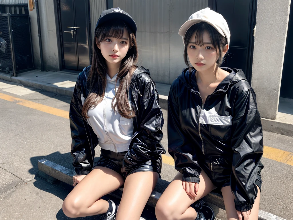 Masterpiece, 8K, award-winning photos, photorealistic, realistic, ultra detailed, ultra high definition, ray tracung, _ the most beautiful, Gravure quality for high-end fashion magazines, 22 years old ,(sexy,Japanese idol, gray hair, short hair),shiny skin , detailed skin , detailed face , perfect anatomy, 1girl~2girls,
_
BREAK (droopy eyes, Natural makeup:1.2),light color, crying a little, Harajuku style, huge breasts,
_
glowing blue eyes, tan skin,
_
BREAK (black and White theme:1.4), (oversized and baggy black outerwear:1.3), (fusion of black windbreaker and White hoodie:1.4), (black Nylon:1.4), ((zipper, large pocket):1.3), BREAK (black and white :1.2), (black platform high-cut sneakers:1.2),(Black leather short pants),(baseball cap),
Inorganic concrete studio with windows, highly detailed background, , ultra-realistic textures, dramatic lighting ,raw photo, _(dutch angle and curtsey ,on side:1.2), looking at viewer,