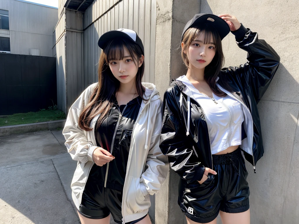 Masterpiece, 8K, award-winning photos, photorealistic, realistic, ultra detailed, ultra high definition, ray tracung, _ the most beautiful, Gravure quality for high-end fashion magazines, 22 years old ,(sexy,Japanese idol, gray hair, short hair),shiny skin , detailed skin , detailed face , perfect anatomy, 1girl~2girls,
_
BREAK (droopy eyes, Natural makeup:1.2),light color, crying a little, Harajuku style, huge breasts,
_
glowing blue eyes, tan skin,
_
BREAK (black and White theme:1.4), (oversized and baggy black outerwear:1.3), (fusion of black windbreaker and White hoodie:1.4), (black Nylon:1.4), ((zipper, large pocket):1.3), BREAK (black and white :1.2), (black platform high-cut sneakers:1.2),(Black leather short pants),(baseball cap),
Inorganic concrete studio with windows, highly detailed background, , ultra-realistic textures, dramatic lighting ,raw photo, _(dutch angle and curtsey ,on side:1.2), looking at viewer,