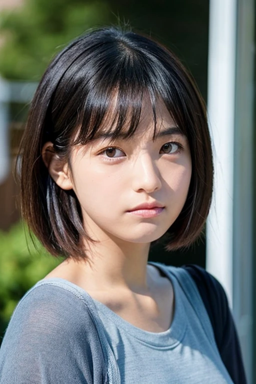 from front, short hair, closed mouth, round face, glaring,