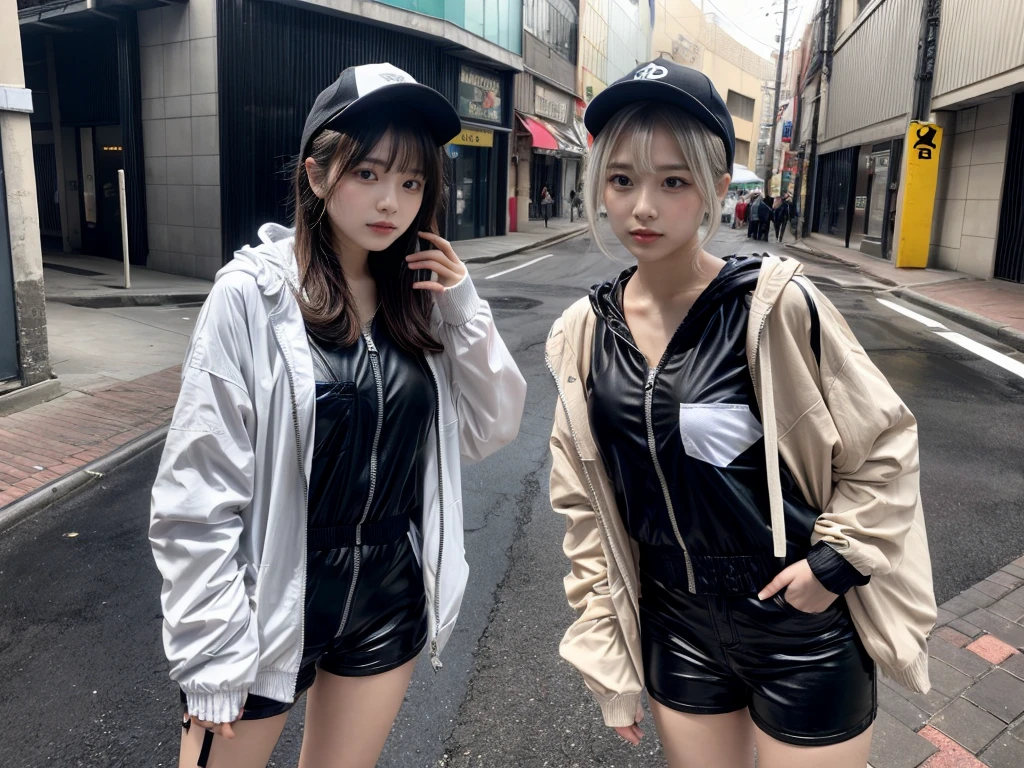 Masterpiece, 8K, award-winning photos, photorealistic, realistic, ultra detailed, ultra high definition, ray tracung, _ the most beautiful, Gravure quality for high-end fashion magazines, 22 years old ,(sexy,Japanese idol, gray hair, short hair),shiny skin , detailed skin , detailed face , perfect ???????, 1girl～2girls,
_
BREAK (droopy eyes, Natural makeup:1.2),light color, crying a little, Harajuku style, huge breasts, 
_
glowing blue eyes, tan skin,
_
BREAK (black and White theme:1.4), (oversized and baggy black outerwear:1.3), (fusion of black windbreaker and White hoodie:1.4), (black Nylon:1.4), ((zipper, large pocket):1.3), BREAK (black and white :1.2), (black platform high-cut sneakers:1.2),(Black leather short pants),(baseball cap),
 Inorganic concrete studio with windows, highly detailed background, , ultra-realistic textures, dramatic lighting ,raw photo, _(dutch angle and curtsey ,on side:1.2), looking at viewer,