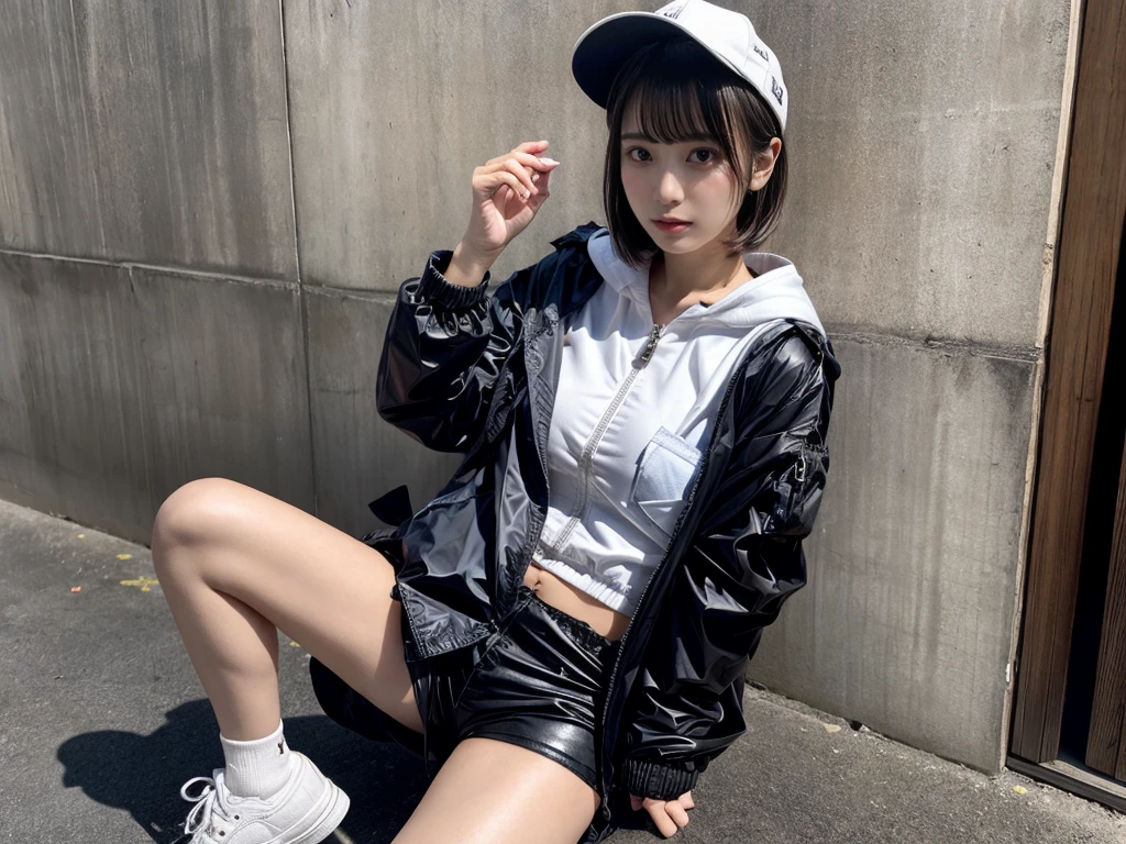 Masterpiece, 8K, award-winning photos, photorealistic, realistic, ultra detailed, ultra high definition, ray tracung, _ the most beautiful, 22 years old ,(sexy,Japanese idol, gray hair, short hair),shiny skin , detailed skin , detailed face , perfect anatomy, 1girl~2girls,
_
BREAK (droopy eyes, Natural makeup:1.2),light color, huge breasts,
_
glowing blue eyes, tan skin,
_
BREAK (black and White theme:1.4), (oversized and baggy black outerwear:1.3), (fusion of black windbreaker and White hoodie:1.4), (black Nylon:1.4), ((zipper, large pocket):1.3), BREAK (black and white :1.2), (black platform high-cut sneakers:1.2),(Black leather short pants),(baseball cap),
Inorganic concrete studio with windows, highly detailed background, , ultra-realistic textures, dramatic lighting ,raw photo, _(dutch angle and curtsey ,on side:1.2), looking at viewer,