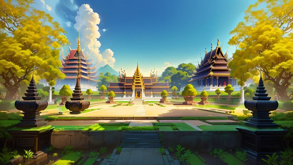 there is a painting of a courtyard with 2 gold elephants statue thailand and thailand temple, arena background, mobile game background, background art, background artwork, palace background, game background, temple background, volley court background, zen temple background, anime background art, royal garden background, amazing wallpaper, anime background, 2 d game art background, park background, anime scenery concept art, videogame background, Cassia fistula, far architect thailand, thailand temple, temple behind, thailand mood, thailand backgound