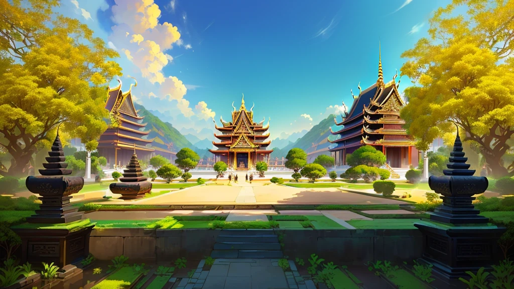 there is a painting of a courtyard with 2 gold elephants statue thailand and thailand temple, arena background, mobile game background, background art, background artwork, palace background, game background, temple background, volley court background, zen temple background, anime background art, royal garden background, amazing wallpaper, anime background, 2 d game art background, park background, anime scenery concept art, videogame background, Cassia fistula, far architect thailand, thailand temple, temple behind, thailand mood, thailand backgound