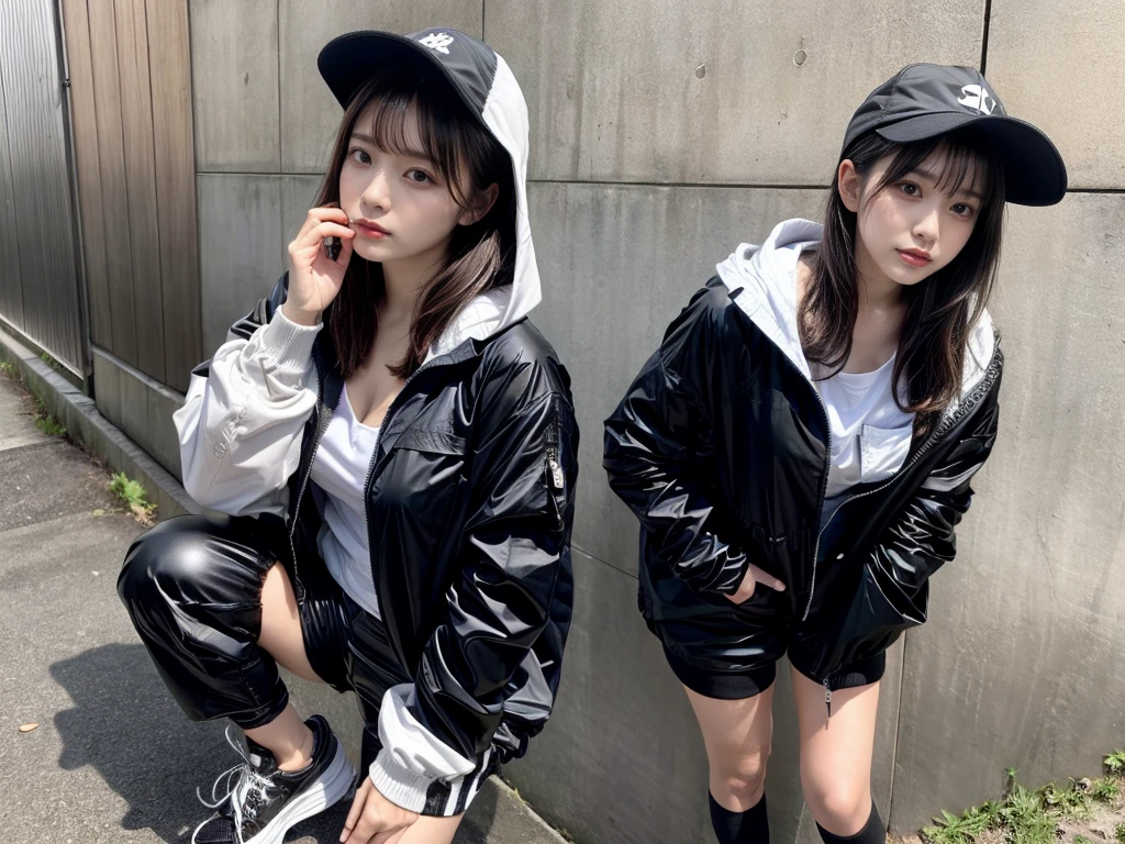 Masterpiece, 8K, award-winning photos, photorealistic, realistic, ultra detailed, ultra high definition, ray tracung, _ the most beautiful, Gravure quality for high-end fashion magazines, 22 years old ,(sexy,Japanese idol, gray hair, short hair),shiny skin , detailed skin , detailed face , perfect anatomy, 1girl～2girls,
_
BREAK (droopy eyes, Natural makeup:1.2),light color, crying a little, Harajuku style, huge breasts, 
_
glowing blue eyes, tan skin,
_
BREAK (black and White theme:1.4), (oversized and baggy black outerwear:1.3), (fusion of black windbreaker and White hoodie:1.4), (black Nylon:1.4), ((zipper, large pocket):1.3), BREAK (black and white :1.2), (black platform high-cut sneakers:1.2),(Black leather short pants),(baseball cap),
 Inorganic concrete studio with windows, highly detailed background, , ultra-realistic textures, dramatic lighting ,raw photo, _(dutch angle and curtsey ,on side:1.2), looking at viewer,