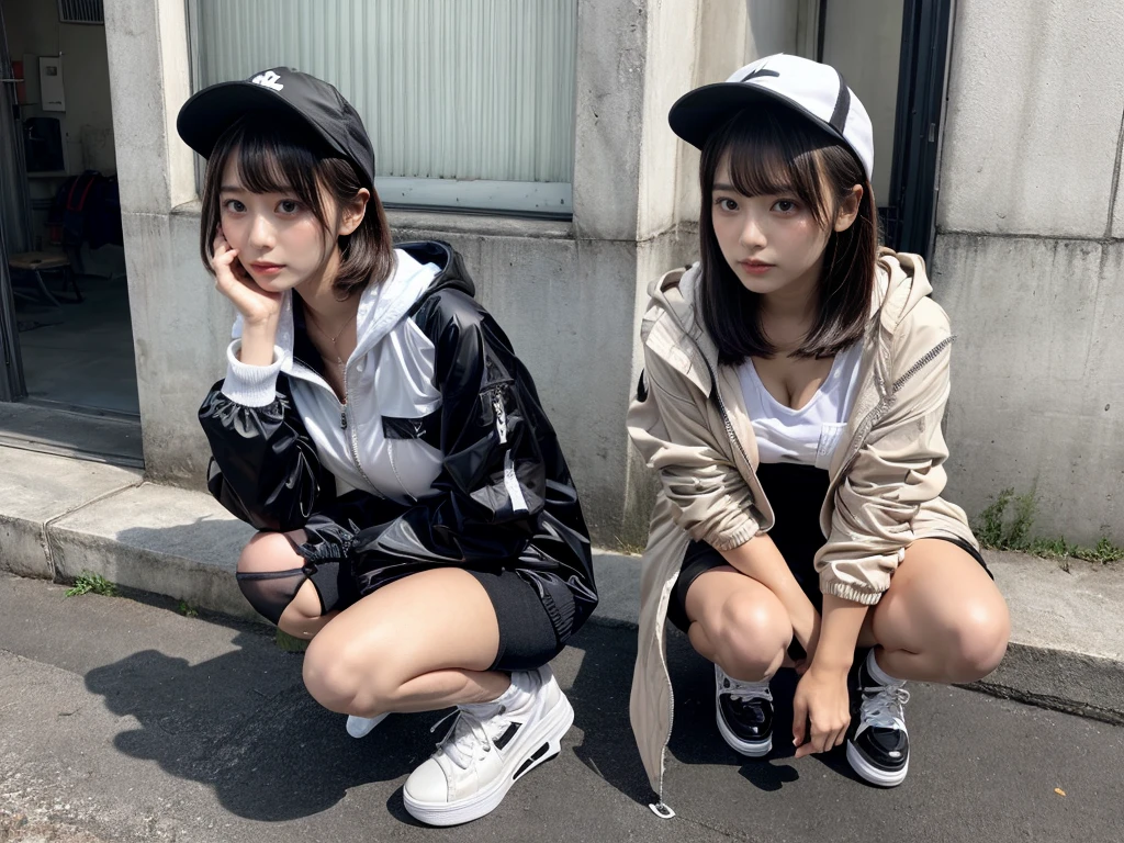 Masterpiece, 8K, award-winning photos, photorealistic, realistic, ultra detailed, ultra high definition, ray tracung, _ the most beautiful, Gravure quality for high-end fashion magazines, 22 years old ,(sexy,Japanese idol, gray hair, short hair),shiny skin , detailed skin , detailed face , perfect anatomy, 1girl~2girls,
_
BREAK (droopy eyes, Natural makeup:1.2),light color, crying a little, Harajuku style, huge breasts,
_
glowing blue eyes, tan skin,
_
BREAK (black and White theme:1.4), (oversized and baggy black outerwear:1.3), (fusion of black windbreaker and White hoodie:1.4), (black Nylon:1.4), ((zipper, large pocket):1.3), BREAK (black and white :1.2), (black platform high-cut sneakers:1.2),(Black leather short pants),(baseball cap),
Inorganic concrete studio with windows, highly detailed background, , ultra-realistic textures, dramatic lighting ,raw photo, _(dutch angle and curtsey ,on side:1.2), looking at viewer,