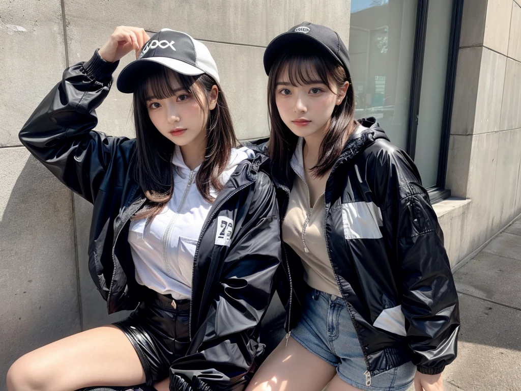 Masterpiece, 8K, award-winning photos, photorealistic, realistic, ultra detailed, ultra high definition, ray tracung, _ the most beautiful, Gravure quality for high-end fashion magazines, 22 years old ,(sexy,Japanese idol, gray hair, short hair),shiny skin , detailed skin , detailed face , perfect anatomy, 1girl～2girls,
_
BREAK (droopy eyes, Natural makeup:1.2),light color, crying a little, Harajuku style, huge breasts, 
_
glowing blue eyes, tan skin,
_
BREAK (black and White theme:1.4), (oversized and baggy black outerwear:1.3), (fusion of black windbreaker and White hoodie:1.4), (black Nylon:1.4), ((zipper, large pocket):1.3), BREAK (black and white :1.2), (black platform high-cut sneakers:1.2),(Black leather short pants),(baseball cap),
 Inorganic concrete studio with windows, highly detailed background, , ultra-realistic textures, dramatic lighting ,raw photo, _(dutch angle and curtsey ,on side:1.2), looking at viewer,