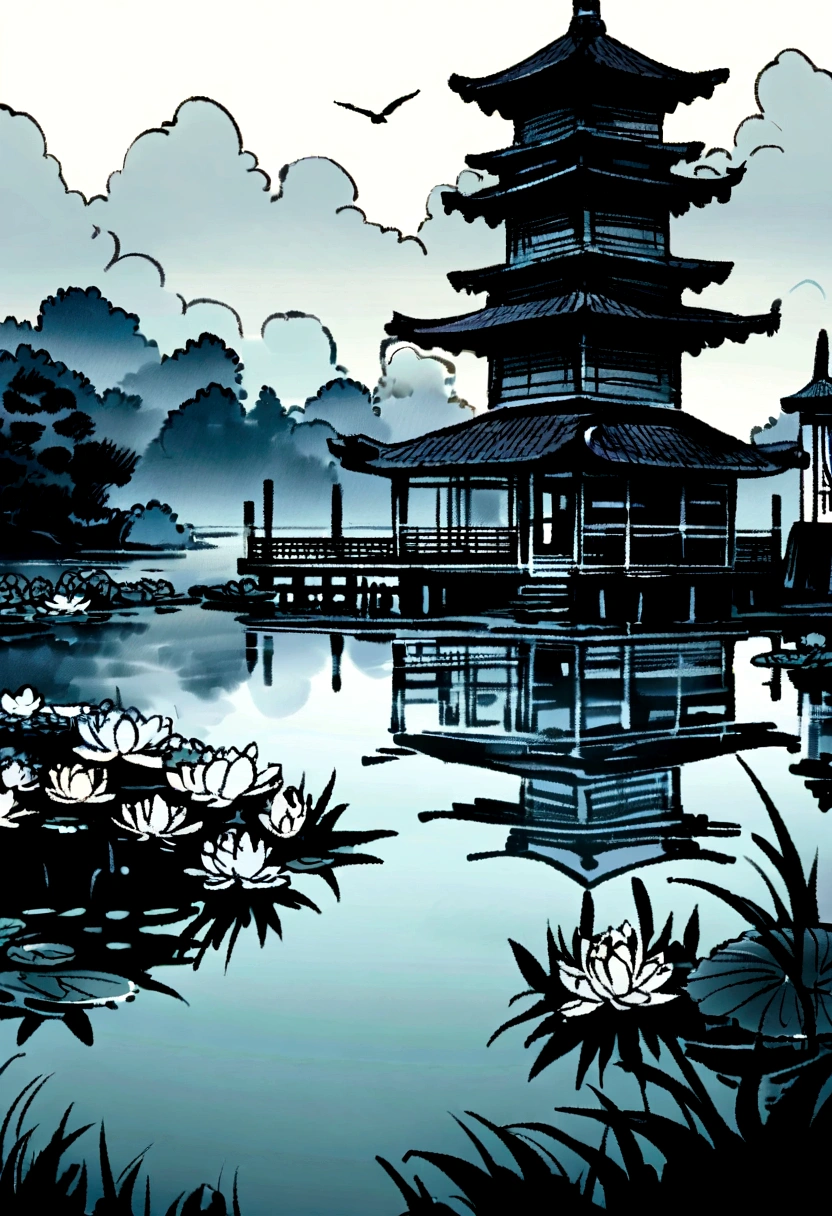 Many water lilies floating in the pond,There is a hazy mist on the water,There is a pagoda beside the pond.,Peaceful evening atmosphere,Ink Style