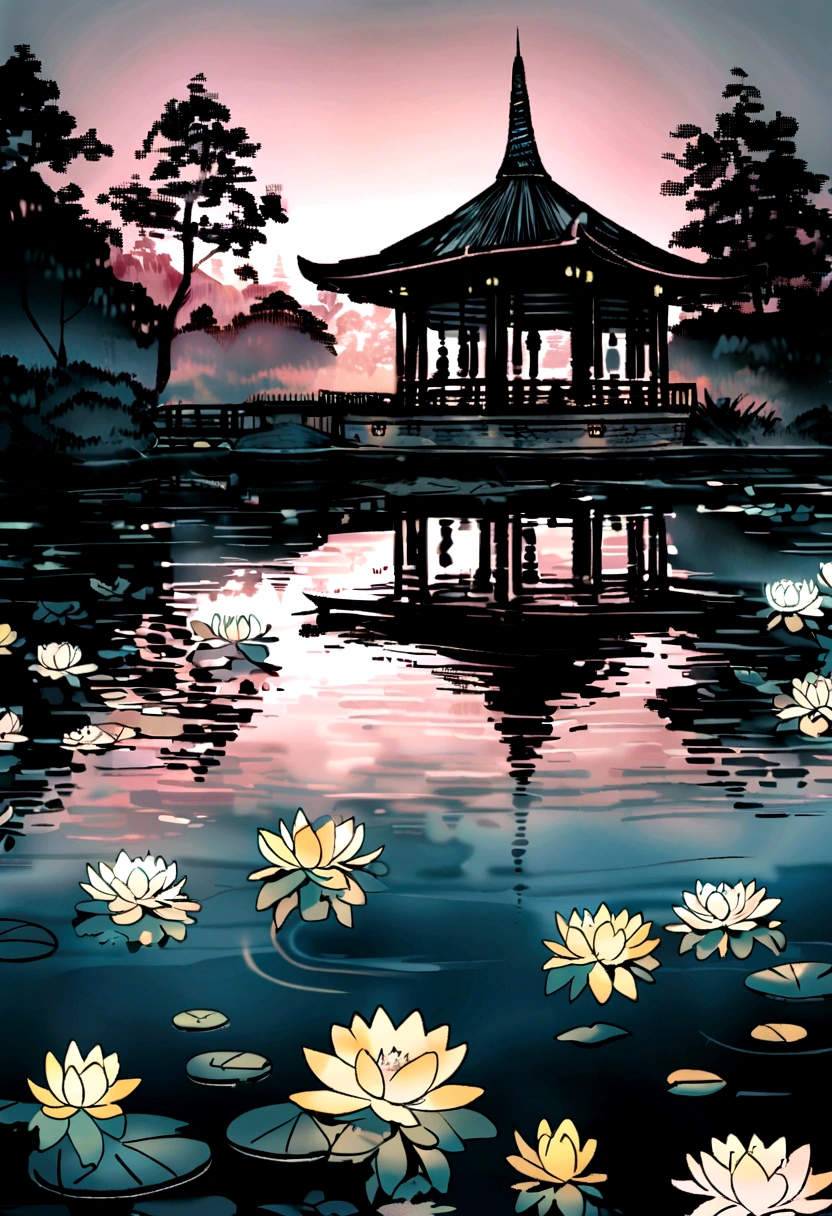 Many water lilies floating in the pond,There is a hazy mist on the water,There is a pagoda beside the pond.,Peaceful evening atmosphere,Ink Style