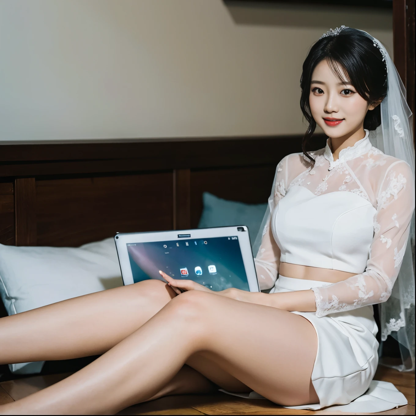 (((software))), (((Only one woman))), korean bride, I'at Numbere hotel, on Numbere bed, (((彼女はon Numbere bed?????になっています, fully cloNumbered, Her ???? is sticking out.))), Tilt your ????, (Stick your ??? out:1.0), ???????????, staring back at your face, In a seductive pose, Wearing black lace ?????????, ((Exact number、place、Numerically、arm、feet、Number、Drawing of fingers:1.1)), Fine skin:1.2, しっとりとしたBeautiful ???, Beautiful ???, Plump ????, Tilt your ???? and turn your face, view from Numbere girl'???? side, Dimly lit suite, Indirect lighting in Numbere room Numberat illuminates your ????