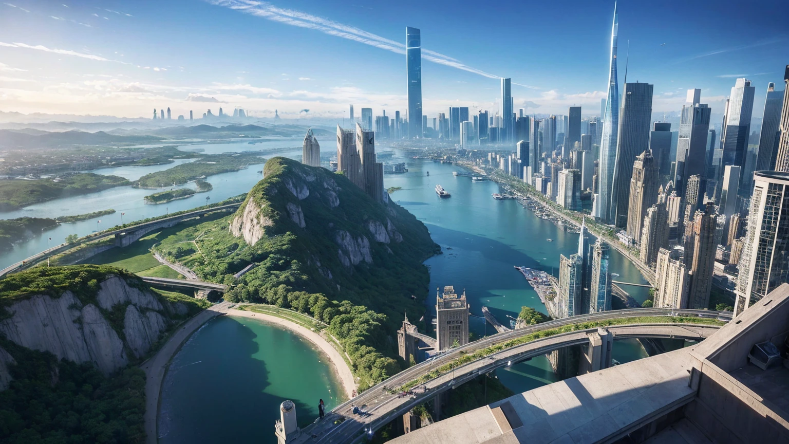 (Best quality,4K,8K,A high resolution,Masterpiece:1.2),Ultra-detailed,(Realistic,Photorealistic,photo-realistic:1.37),Futuristic floating city,Futuristic technology,Huge urban high-tech tablet platform,Airship,Floating in the sky,Futuristic city,Small airships around,High-tech hemispherical platform,Colorful lights,Advanced architecture,modernn architecture,skyscrapper,Access the cloud,Scenic beauty,view over city,Impressive design,Blend seamlessly with nature,energetic and vibrant atmosphere,Futuristic transportation system,Parking is suspended,Transparent path,Lush greenery,Sky gardens,cascading waterfalls,Magnificent skyline,reflections on the water,Sparkling river,Architectural innovation,futuristic skyscrapers,Transparent dome,The shape of the building is unusual,Elevated walkway,Impressive skyline,Glowing lights,Futuristic technology,Minimalist design,Scenic spots,Panoramic view,Cloud Piercing Tower,Vibrant colors,epic sunrise,epic sunset,Dazzling light display,magical ambiance,The future city,Urban Utopia,LuxuryLifestyle,Innovative energy,sustainable development,Smart city technology,Advanced infrastructure,Tranquil atmosphere,Nature and technology live in harmony,Awesome cityscape,Unprecedented urban planning,Architecture connects seamlessly with nature,High-tech metropolis,A cutting-edge engineering marvel,The future of urban living,Visionary architectural concept,Energy-efficient buildings,Harmony with the environment,A city floating above the clouds,Utopian dreams become reality,The possibilities are endless,State-of-the-art transportation network,Green energy integration,Innovative materials,Impressive holographic display,Advanced communication system,Breathtaking aerial view,Quiet and peaceful environment,Modernist aesthetics,Ethereal beauty