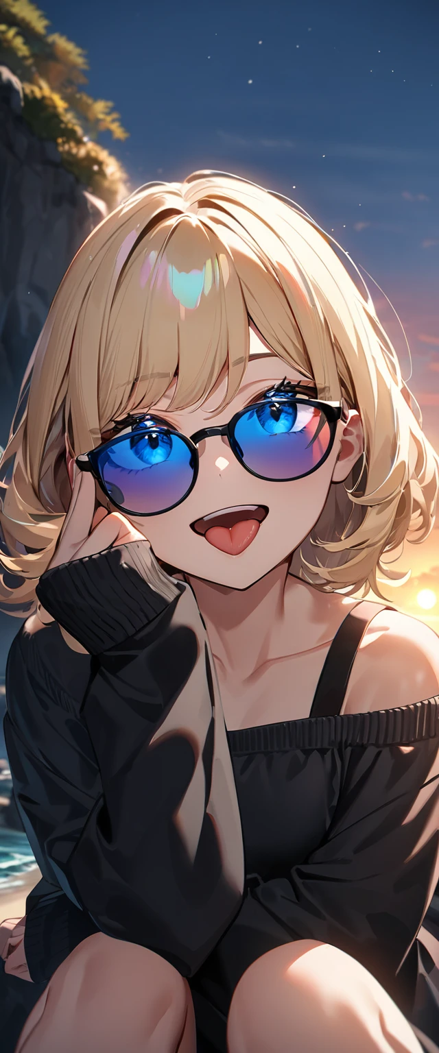 (((One girl))), (((portrait, face))), ((outward curled hair)), from side:1.3, sea, beach, evening, Sunset, ((Sitting on a cliff)), (((Bare legs))), wavy hair, blond hair, open mouth, tongue out, ((sunglasses, hand to sunglasses)), (bob cut:1.3)), breasts, standard body, (looking at viewer), oversized clothes, puffy long sleeves, collarbone, ((off-shoulder sweater dress:1.3, Quite thick shoulder straps)), (((sleeves past wrists:1.3))), ((black sweater)), teenager, head tilt:1.3, (((blue eye))), ((happy smile)), (((anime style))), (best quality, 4K, 8K, highres, masterpiece:1.2, ultra-detailed, ultra-detailed eyes, HDR, uhd, studio lighting, ultra-fine painting, sharp focus, physically-based rendering, extreme detail description, professional, vivid colors, bokeh), ((Highest quality, Best image quality, Ultra-high resolution, Ultra-high resolution, solo, Strong eye highlights)), Depth of written boundary, Natural soft light, attractive, Beautiful Face, Cleanliness, Pure Face, medium chest, Beautiful Face, Perfect Fingers, Perfect hands, Perfect body, Perfect Face, Shine a light into your eyes, Perfect Anatomy
