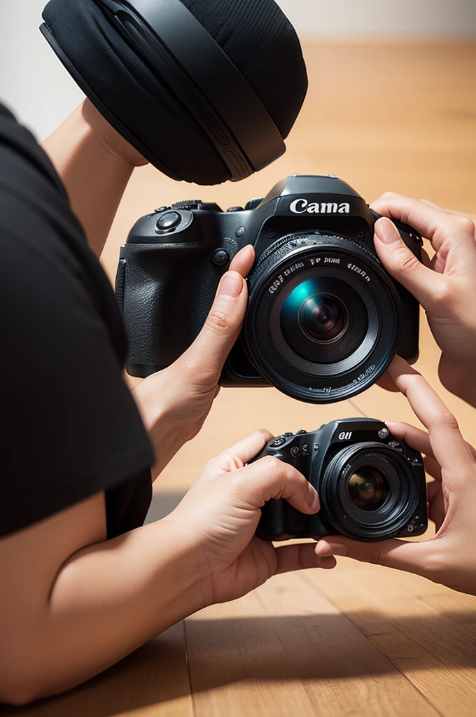 Create a logo with a play behind a camera with the name written media 
