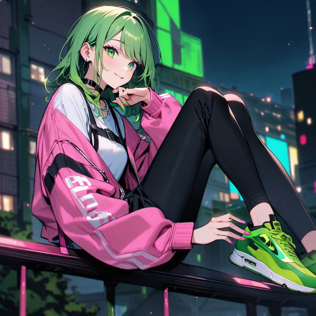 (well done: 1) woman, shoulder-length, slightly wavy green hair with green tips, green barrette in her hair, green eyes, black choker, green and pink nails, white shirt, pink jacket with green details, black pants, green sneakers.   sitting on top of a building.
