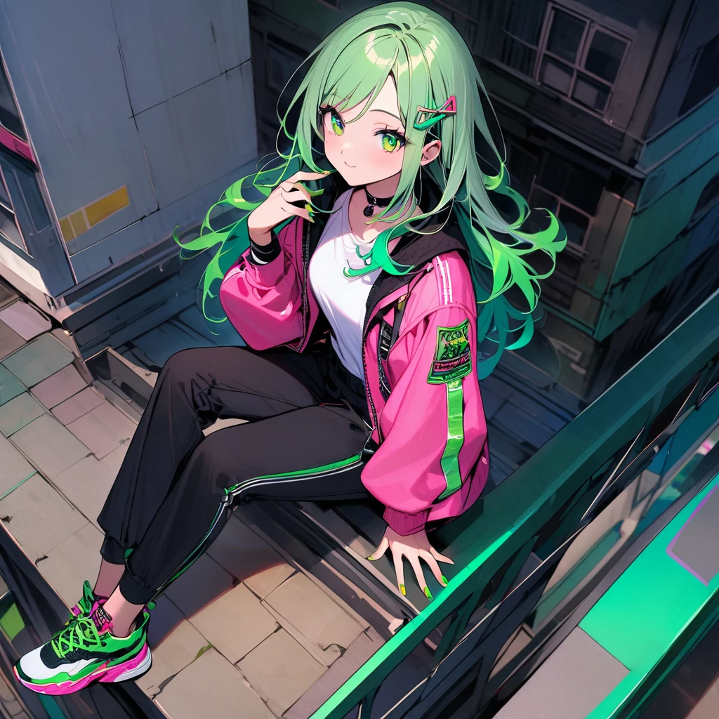 (well done: 1) woman, shoulder-length, slightly wavy green hair with green tips, green barrette in her hair, green eyes, black choker, green and pink nails, white shirt, pink jacket with green details, black pants, green sneakers.   sitting on top of a building.