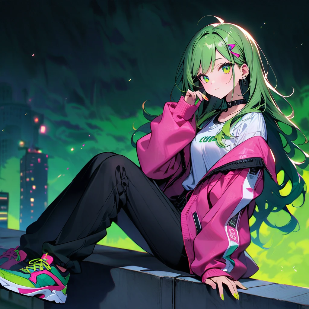 (well done: 1) woman, shoulder-length, slightly wavy green hair with green tips, green barrette in her hair, green eyes, black choker, green and pink nails, white shirt, pink jacket with green details, black pants, green sneakers.   sitting on top of a building.