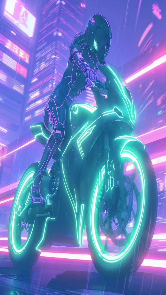 a young woman riding a futuristic motorcycle in the city, trail of lights, long exposure, akira anime style, beautiful detailed eyes, beautiful detailed lips, extremely detailed eyes and face, longeyes lashes, cyberpunk city, neon lights, rain effects, volumetric lighting, dramatic lighting, cinematic, masterpiece, ultra-detailed, photorealistic, 8k, studio lighting, vivid colors, digital art