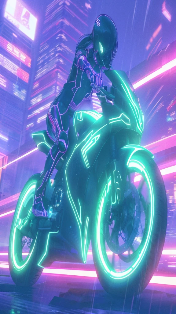 a young woman riding a futuristic motorcycle in the city, trail of lights, long exposure, akira anime style, beautiful detailed eyes, beautiful detailed lips, extremely detailed eyes and face, longeyes lashes, cyberpunk city, neon lights, rain effects, volumetric lighting, dramatic lighting, cinematic, masterpiece, ultra-detailed, photorealistic, 8k, studio lighting, vivid colors, digital art