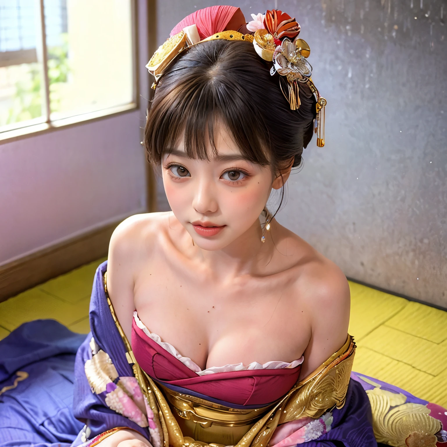 (PUNIPUNI clavicle KIMONO ((offshoulder)) KANZASHI FlowerHairpins Topknot TwinBun Oiran-Hair)High-level, 8K Masterpiece TopQuality, Ultra-detailed CG, Absurd detailed wallpaper, PerfectLighting, Extremely detailed (((Personifying " OIRAN " as a KAWAII Girl))), Characteristic Items, aesthetic LifeLike Rendering, MysticSight, Haze Tyndall Scattering, (Studio GRAY Background with (Oodles Dazzling Iridescent 🌈Particles (BokeH))), (((Assfocus)) RoundlyButt) ThighGap, (Exposed:0.44) 🔞 BREAK (Acutance:0.8), (NOGIZAKA FaceVariations) Extremely Detailed very KAWAII FaceVariations, Childish CaptivatingGaze ElaboratePupils ParfectEyes with (SparklingHighlights:1.28), (Voluminous LongEyelashes:0.88), 💄💋✨ GlossyRedLips with BeautifulDetails, CoquettishTongue, PUNIPUNI RosyCheeks, Radiant PearlSkin with Transparency, Glowing DowneyHair . { (Dynamic LifeLike expressions:1.4) | (:d) }, (large eyes:-1) .
