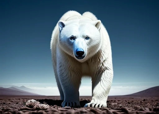 cores abstratas, textura, Grão de filme, poros da pele:0.1 foto RAW hasselblad dslr, retrato dramático intrincado e retroiluminado de um 😎((A humanoid white polar bear with abnormal musculature, very robust, blue eyes is standing looking up looking at the sky and uses some animal hides as clothing)), frozen ground and desert scenery, no trees there are no plants on this planet. Low left photography angle💜. arte conceitual anna dittmann magali villeneuve marc simonetti, quadro estático de filme cinematográfico, (estilo analógico)1.3 (Grão de filme)1.3