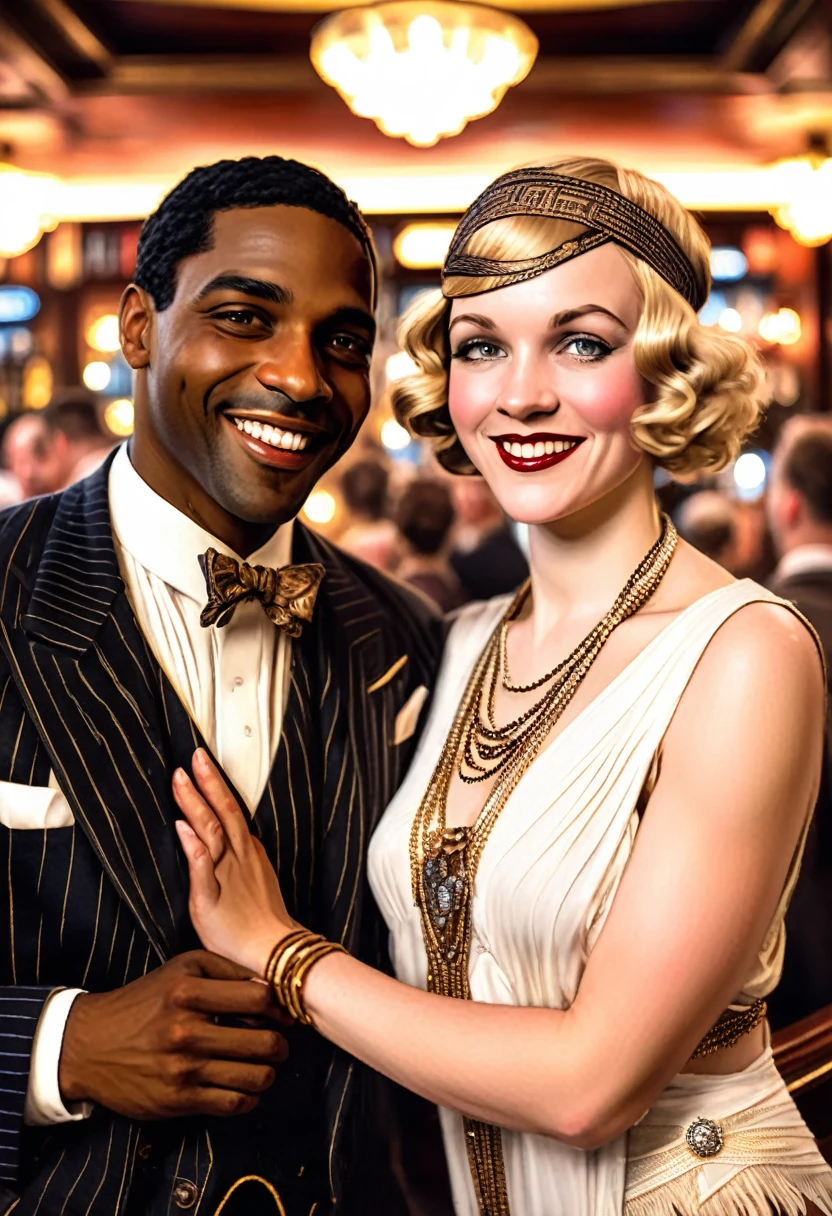 Black man dressed in a 1920s style African attire and white woman dressed in 1920s style European attire, both smiling at the viewer. In a bar full of joyous people. 1920s style of art.