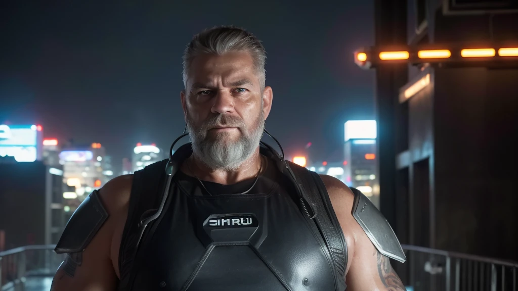 Front View, Centered,Ultra-realistic RAW portrait of a 50-year-old man with a large beard and short military-style hair, reimagined in a cyberpunk setting. He is wearing futuristic attire of a post-apocalyptic cyberpunk warrior. The scene takes place in a city with neon-lit skyscrapers in the background under a cloudy, rainy sky. The man has visible cybernetic enhancements on his body. The lighting should feature vibrant neon colors and dramatic contrasts to highlight the intricate details of your costume, the texture of your beard, and the futuristic environment. Photographed with a professional DSLR camera to capture fine details and depth.