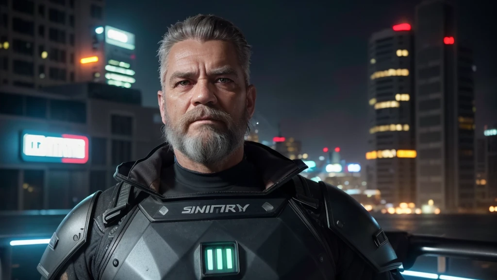 Front View, Centered,Ultra-realistic RAW portrait of a 50-year-old man with a large beard and short military-style hair, reimagined in a cyberpunk setting. He is wearing futuristic attire of a post-apocalyptic cyberpunk warrior. The scene takes place in a city with neon-lit skyscrapers in the background under a cloudy, rainy sky. The man has visible cybernetic enhancements on his body. The lighting should feature vibrant neon colors and dramatic contrasts to highlight the intricate details of your costume, the texture of your beard, and the futuristic environment. Photographed with a professional DSLR camera to capture fine details and depth.