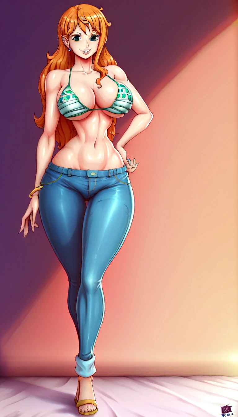 ((high aesthetic)), absurdres, absurd resolution, highly rated, highres, high resolution, best quality, masterpiece, full body, (facing viewer), standing, 1girl, ((solo)), indoors, clothed, ((perfect face)), perfect eyes, tight outfit, smile, natural skin texture, 4k textures, hdr, intricate, highly detailed, puffy lips, thick lips, hyperdetailed, mature female, nami_post, orange hair, long hair, wavy hair, side locks, brown eyes, bikini, green bikini, bikini top only, denim, jeans, groin, bracelet, bangle, skinny