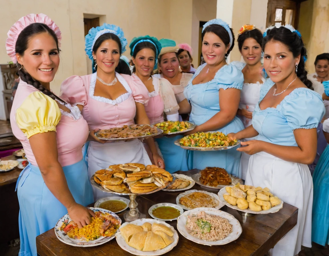 several women are standing around a table with trays of food, bolivian cholitas, cuban women in havana, colombian, 2995599206, 2708519935, carla ortiz, 2654465279, 1614572159, in babahoyo Ecuador