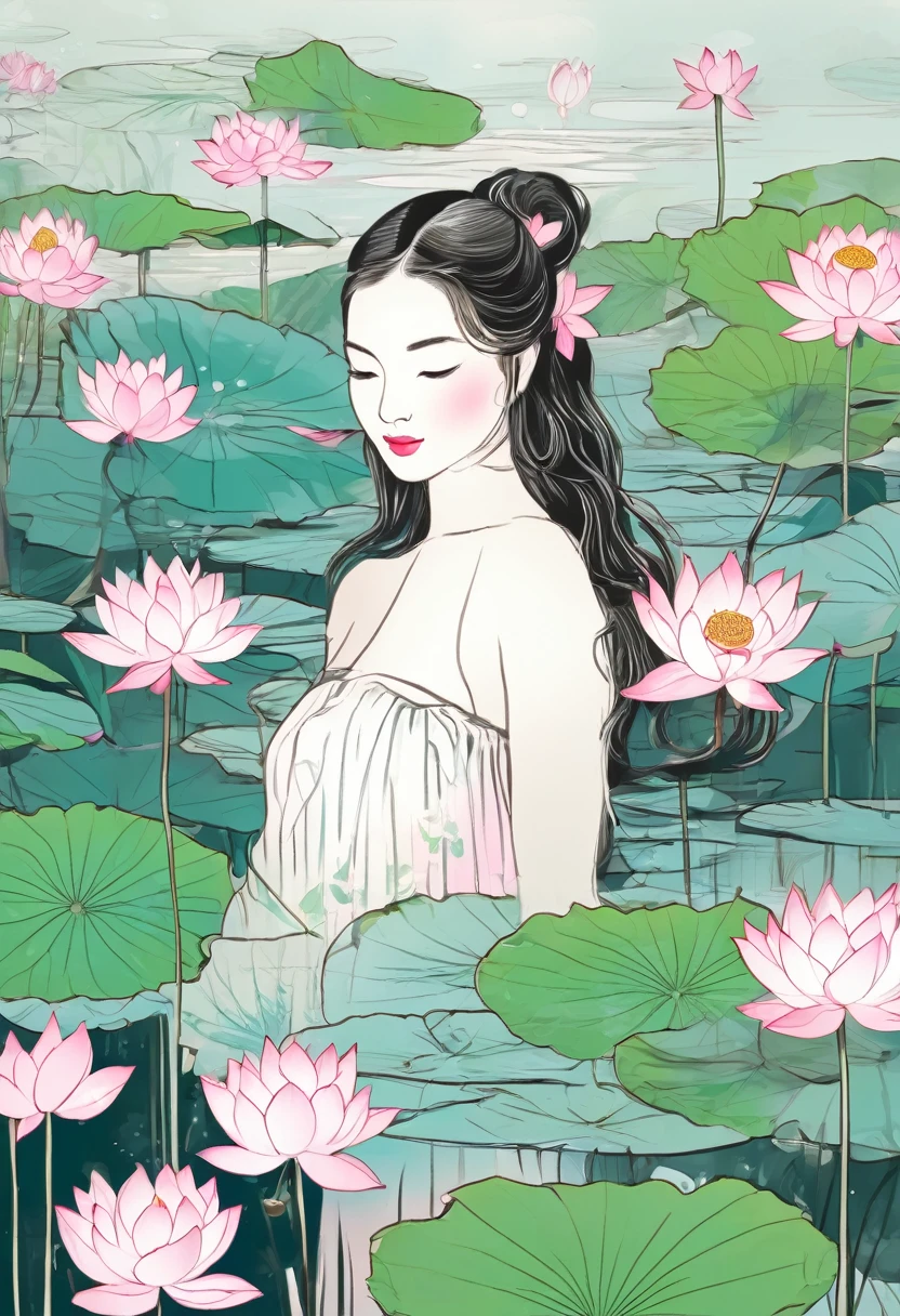 Pencil outline watercolor painting, a Japanese girl, straight black hair, naked, zazen, meditation, on lotus pond, ((left and right symmetry))