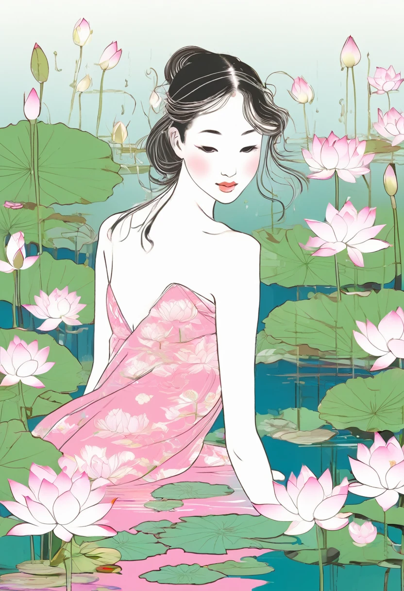 Sketch, slightly colored sketch. Young woman bathing in the pond Long stem lotus Short stems with many levels, pink and white lotus flowers.