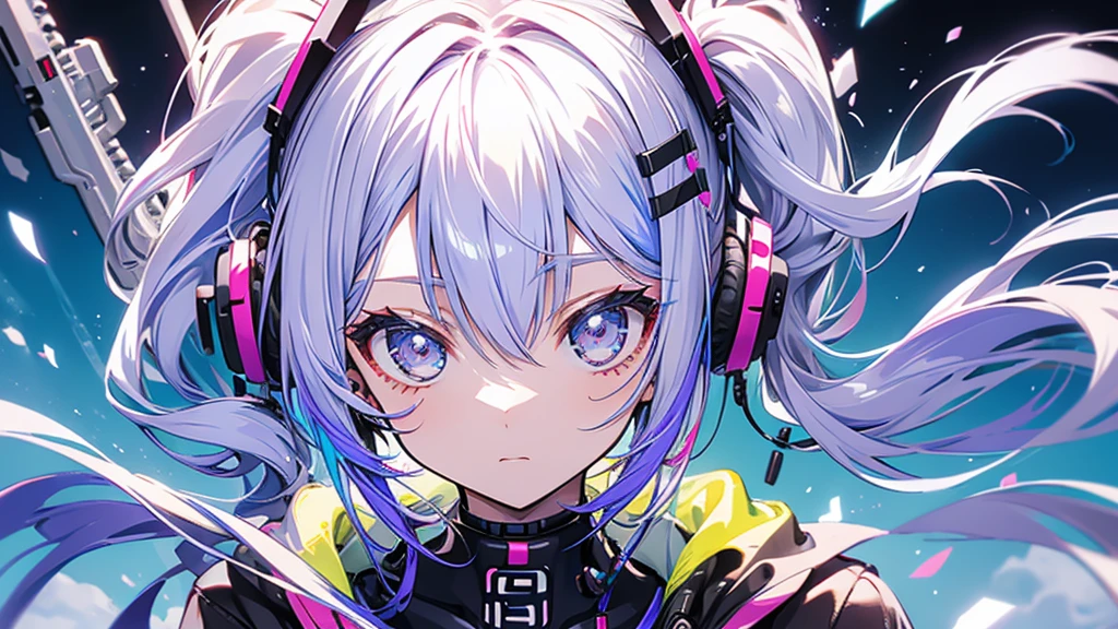 Girl wearing headphones。Colorful Hair。Twin tails。