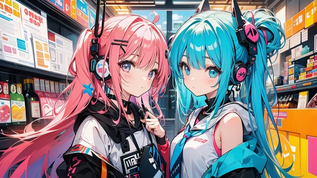 Girl wearing headphones。Colorful Hair。Twin tails。