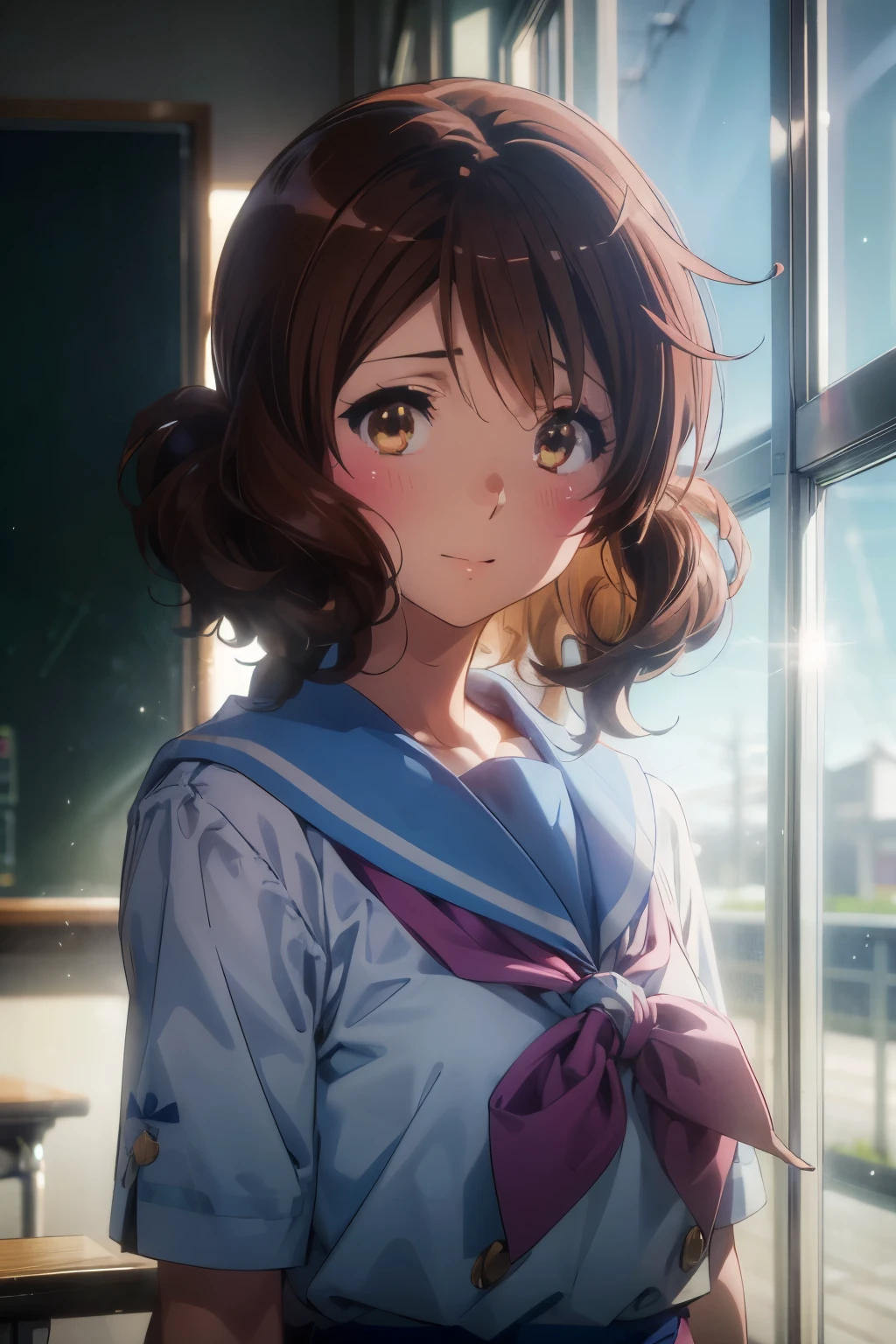 (Best image quality, 8K, high quality, High detail,masterpiece:1.2)、kumiko oumae,summer uniform,Eye Light、Face Light、Sparkling Eyes、solo、1 girl、Look at the viewer、sketch、Flat Color、、anime、animeカラーリング、(In a school classroom:1.3)、Kumiko Oumae,Kitauji High School Uniform、Sailor suit、Blue sailor collar、Pink neckerchief、smile、Random pose、(Blur the background:1.3)、Upper Body、Cover your subject all over