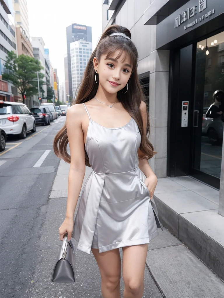 Ariana grande, beautiful, happy smile, perfect clean face, perfect hair , silver gray mini dress with clothes slit, full body