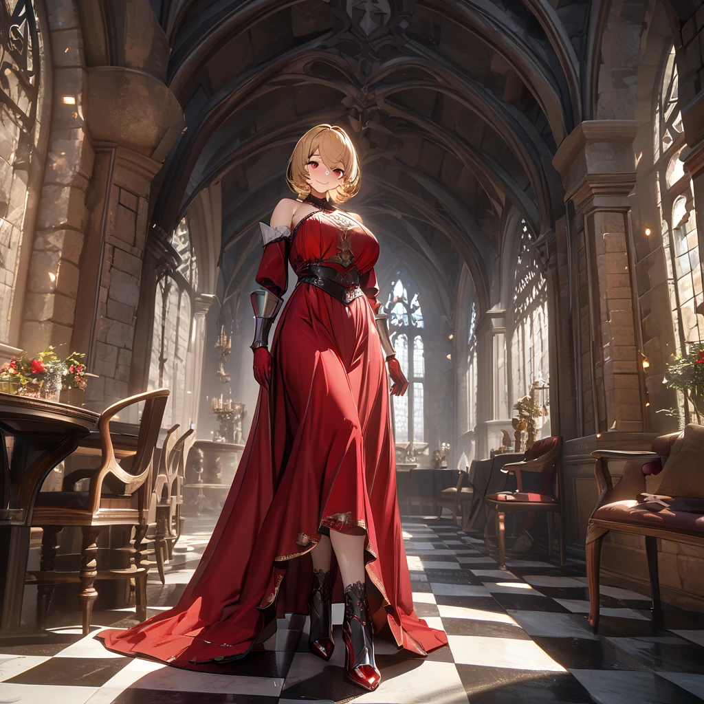 a woman wearing a sophisticated red dress, exposed shoulders, big breasts, blonde hair, short hair, red eyes, red gloves, red heels, smiling, walking in a sophisticated room with medieval aesthetics, medieval decor, shiny checkered floor.UHD , prime work , accurate , anatomically correct , textured skin , super details , high quality , best quality, 8k, high resolution, bokeh effect. (woman alone), close view
