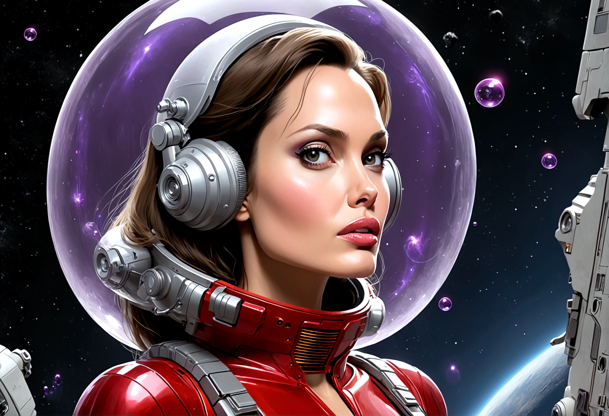 Angelina Jolie (age 25, giga busty, huge breasts, sexy violet clear plastic space suit, thruster pack, bubble dome, big laser rifle) is a scout in an asteroid field, attacked by fembots of the opposing faction (silver and red color scheme)