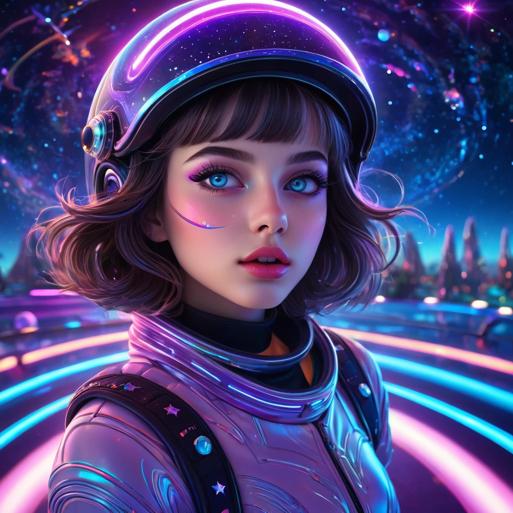 A girl roller skating on Saturn, extremely detailed girl, beautiful detailed eyes, beautiful detailed lips, extremely detailed face, long eyelashes, girl in a futuristic space scene, Saturn in the background, stars and constellations in the sky, neon lights, cinematic lighting, dynamic pose, colorful, vibrant, hyper realistic, 8k, photorealistic, masterpiece, digital art