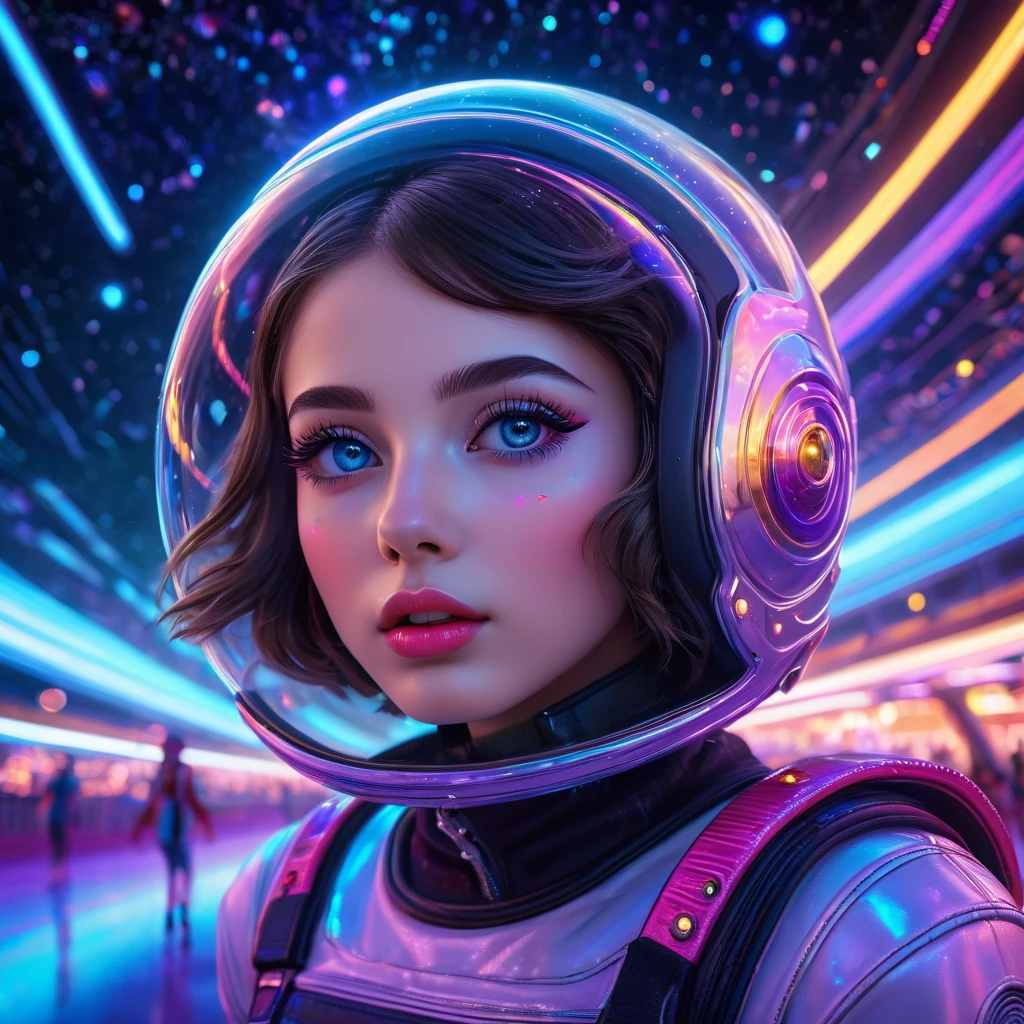 A girl roller skating on Saturn, extremely detailed girl, beautiful detailed eyes, beautiful detailed lips, extremely detailed face, long eyelashes, girl in a futuristic space scene, Saturn in the background, stars and constellations in the sky, neon lights, cinematic lighting, dynamic pose, colorful, vibrant, hyper realistic, 8k, photorealistic, masterpiece, digital art