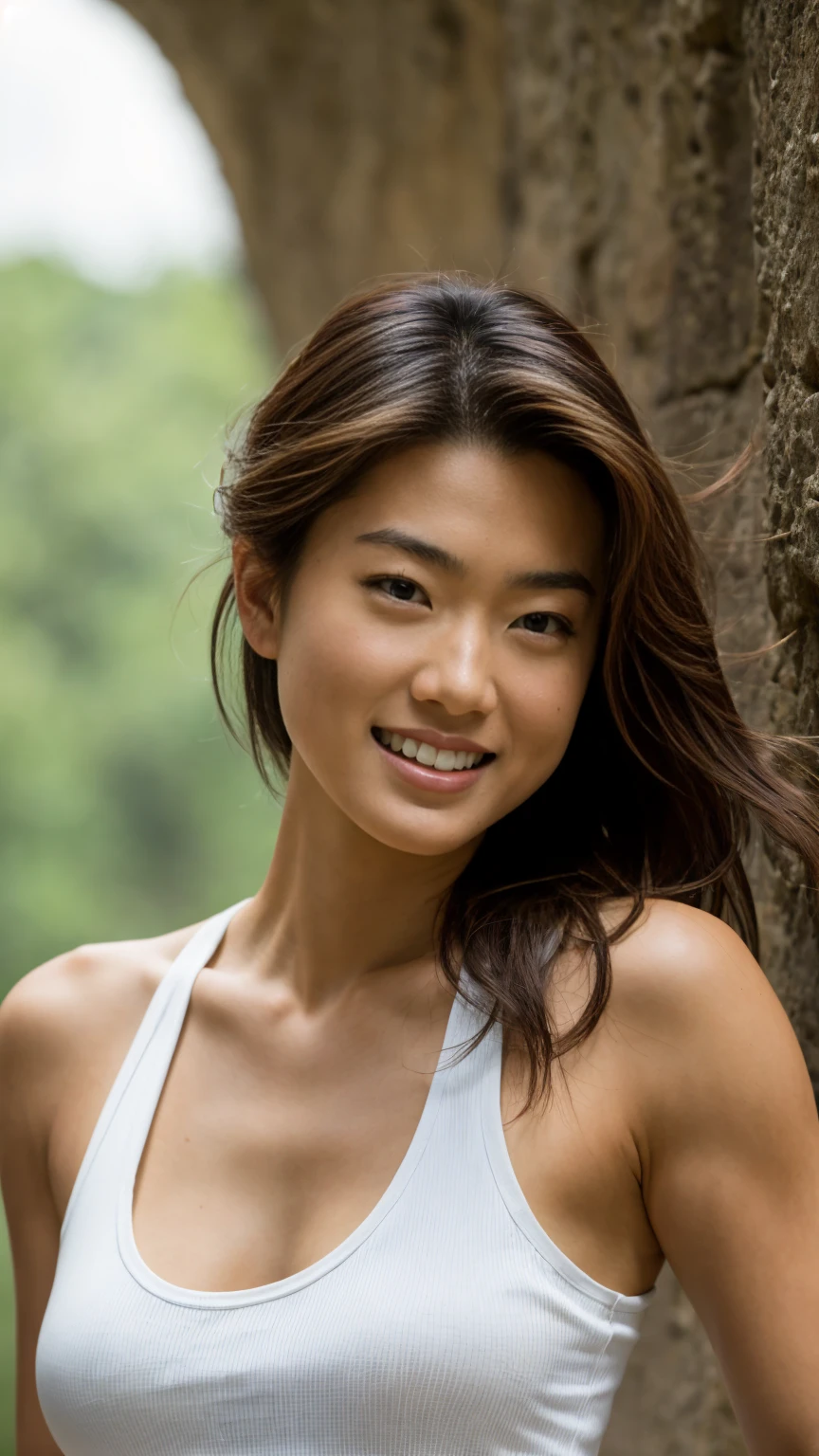 A stunning intricate color close up portrait of (sks woman:1) , Grace Park, wearing white tank top, epic character composition, sharp focus, natural lighting, subsurface scattering, f2, 35mm, film grain, , by Dominique Issermann, beautiful smile, smiling, long wavy hair, beautiful woman, wide smile, big smile, beautiful smile, broad shoulders