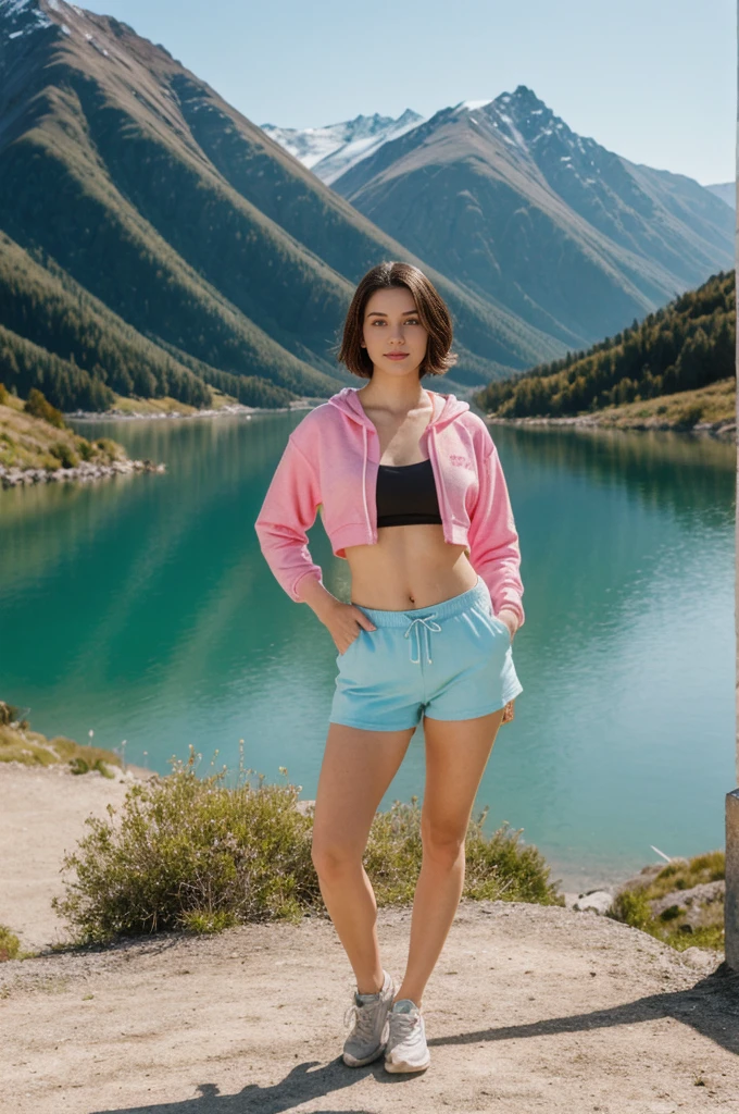 her name is Elektra, high quality, 1girl, ((20-year-old fit Caucasian woman)), ((20 years old)), ((fit)), short bob brunette hair, pose: standing, wearing pastel colored Sherbet Tie-Dye Hoodie Crop Top with Metallic Bike Shorts, BACKGROUND: From the adventure capital of Queenstown, set against a backdrop of majestic mountains and crystal-clear lakes