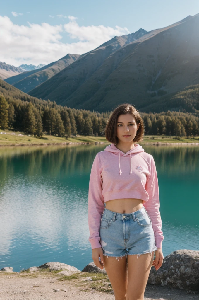 her name is Elektra, high quality, 1girl, ((20-year-old fit Caucasian woman)), ((20 years old)), ((fit)), short bob brunette hair, pose: standing, wearing pastel colored Sherbet Tie-Dye Hoodie Crop Top with Metallic Bike Shorts, BACKGROUND: From the adventure capital of Queenstown, set against a backdrop of majestic mountains and crystal-clear lakes