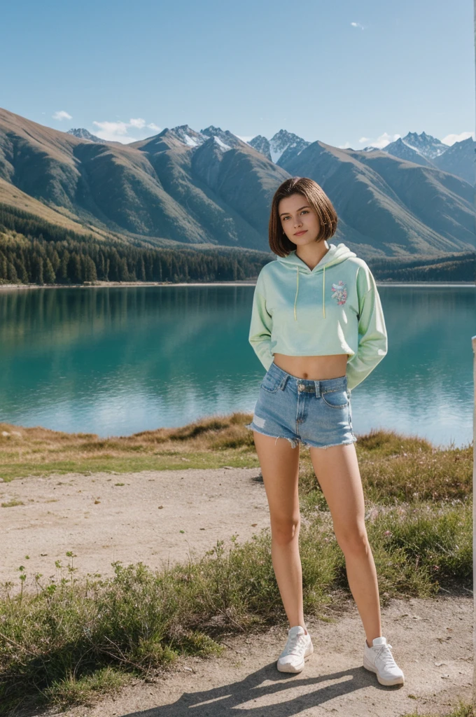 her name is Elektra, high quality, 1girl, ((20-year-old fit Caucasian woman)), ((20 years old)), ((fit)), short bob brunette hair, pose: standing, wearing pastel colored Sherbet Tie-Dye Hoodie Crop Top with Metallic Bike Shorts, BACKGROUND: From the adventure capital of Queenstown, set against a backdrop of majestic mountains and crystal-clear lakes