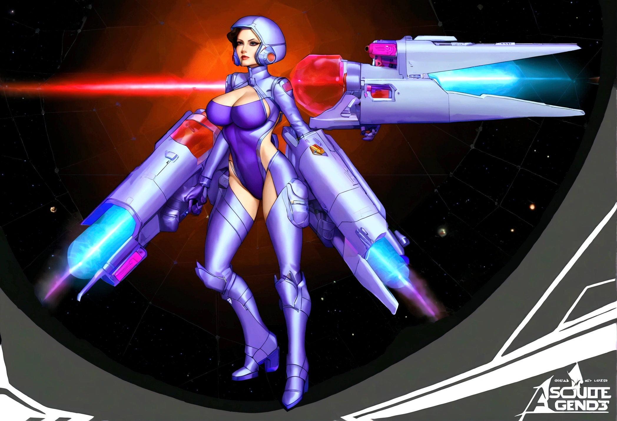 Angelina Jolie (age 25, giga busty, huge breasts, sexy violet clear plastic space suit, thruster pack, bubble dome, big laser rifle) is a scout in an asteroid field, attacked by fembots of the opposing faction (silver and red color scheme)